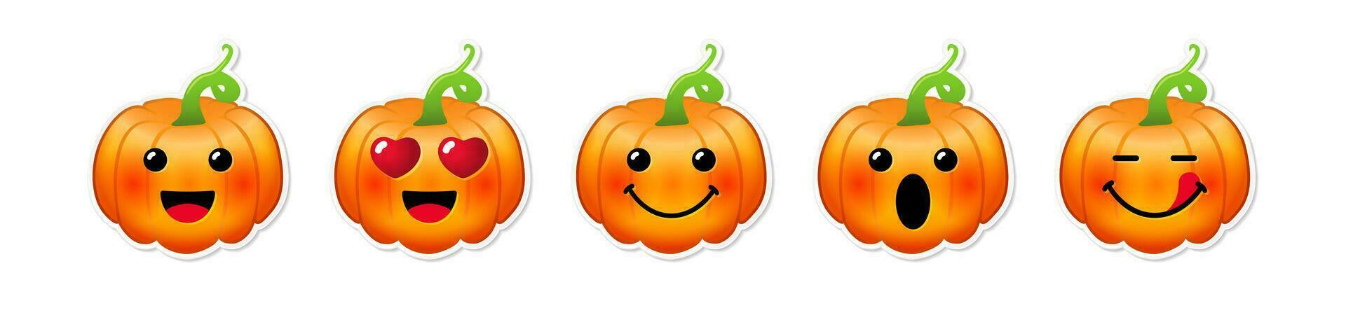 Set of creative animated pumpkins. Pumpkin stickers. Emoticon icons. Harvest holiday concept. Messenger or game symbols. Funny faces. Isolated 3D design. Horizontal line banner. Decorative idea. vector