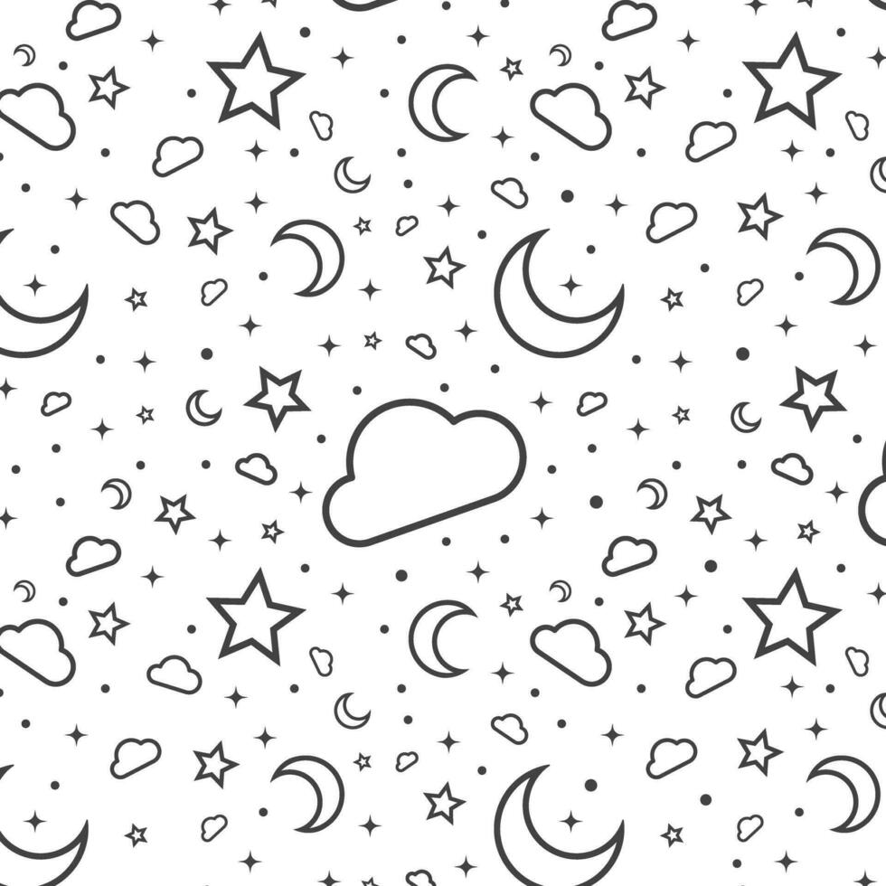 Moon Cloud Stars Seamless Pattern White Background Vector Illustration