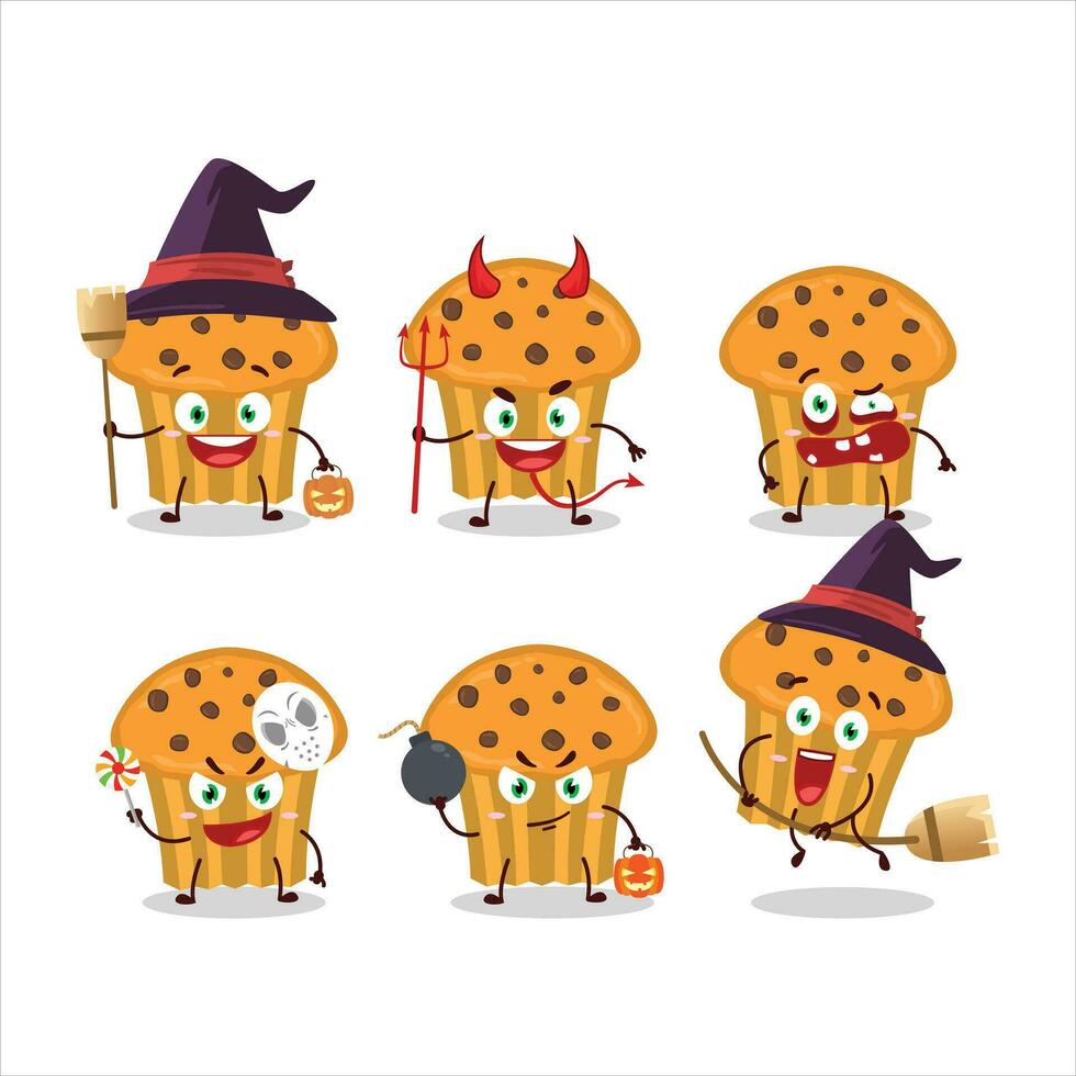Halloween expression emoticons with cartoon character of choco chips muffin vector
