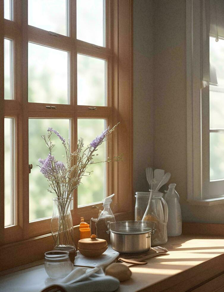 imagen de el flor es en el blanco ventana con un ligero luz de sol, con el comenzando de el brillante nuevo mañana, comenzando el trabajo ese es rosado flores antes de comenzando el evento es un refrescante historia foto