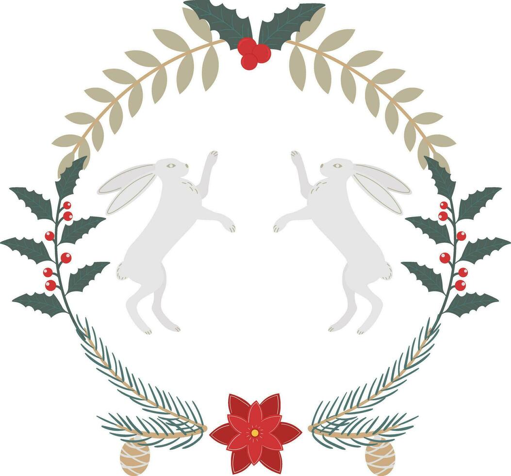 Decorative New Year frame with rabbit, squirrel, sharpleaf, spruce branches and berries. New Year illustration vector