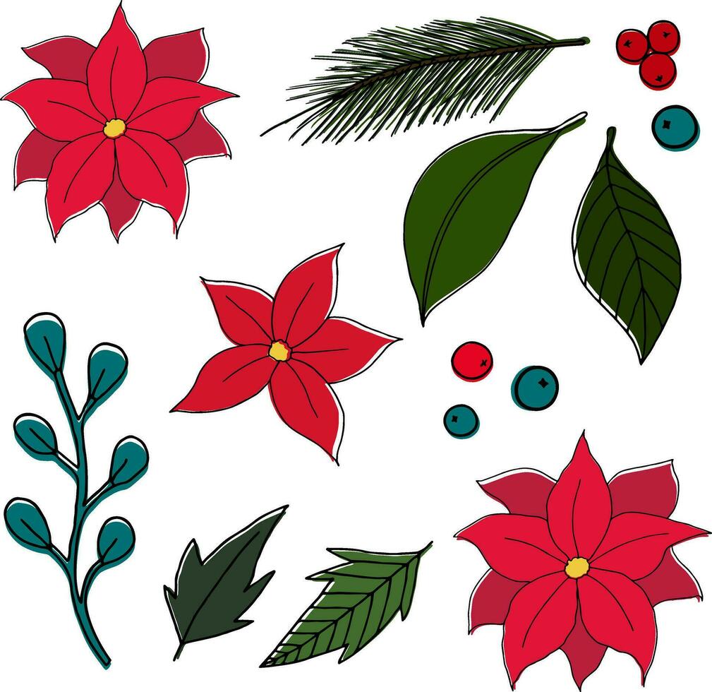 Christmas plants set. Vector image in the style of doodles