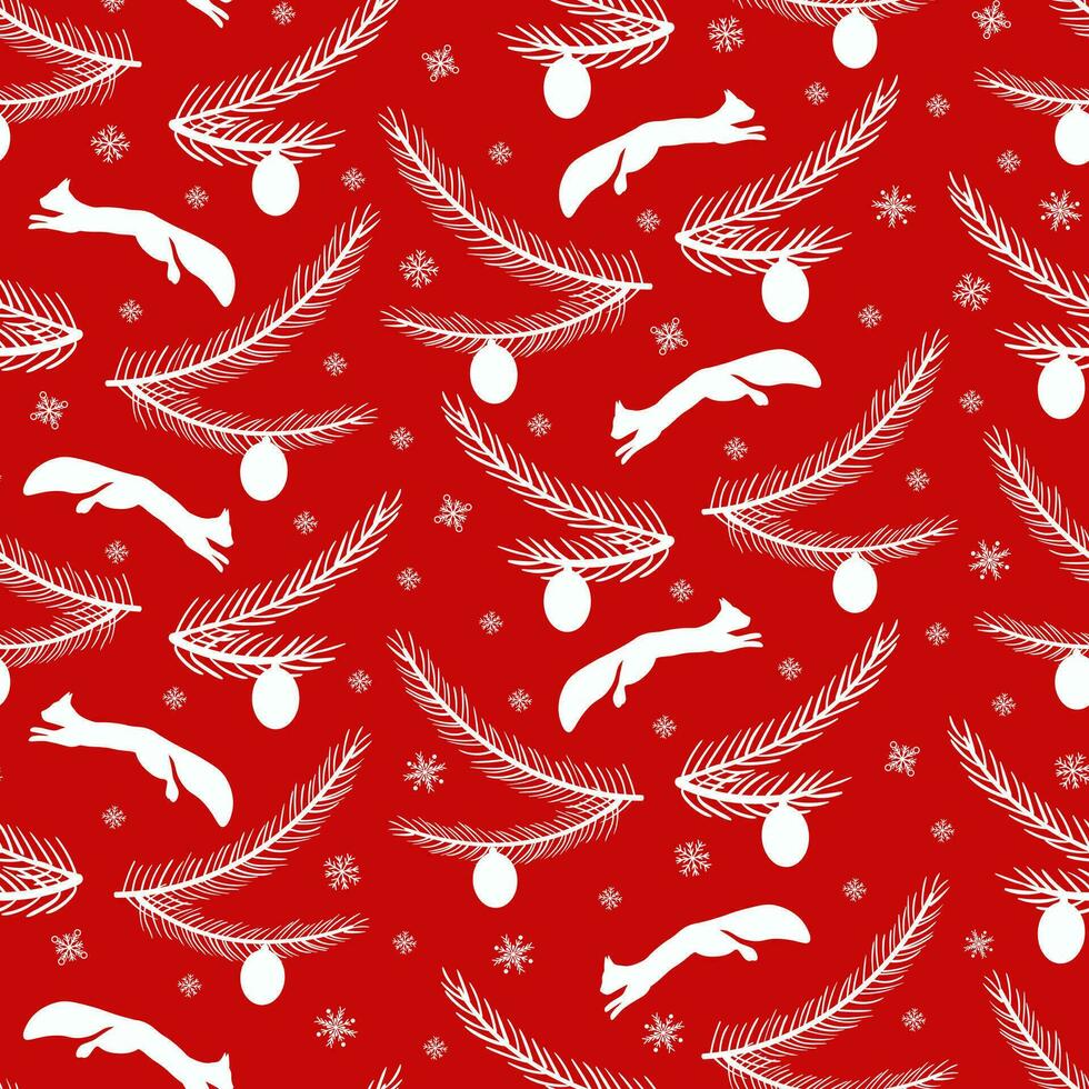 Christmas pattern with a squirrel, snowflakes, spruce branches and cones vector