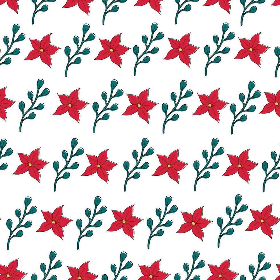 Seamless Christmas pattern with decorative flowers and twigs. A pattern with a poinsettia and a branch with leaves vector