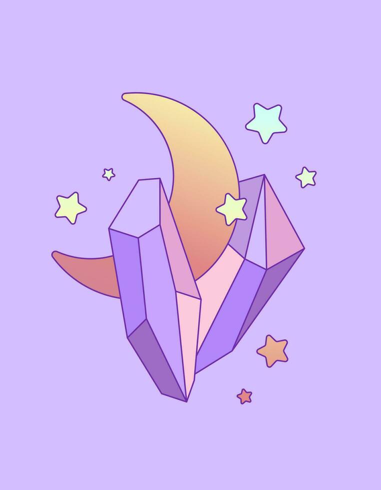 Vector Kawaii Illustration of Crystals and Moon Delicate Pastel Colors