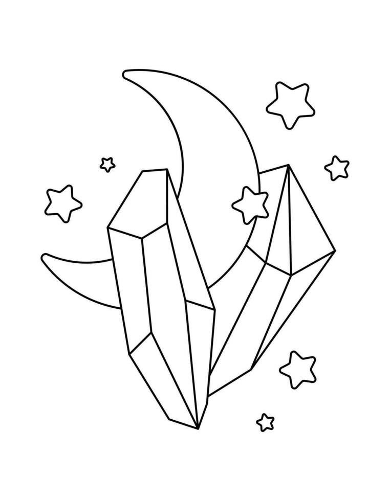 Vector Magic Illustration of Moon and Crystals Black Outline on White Background