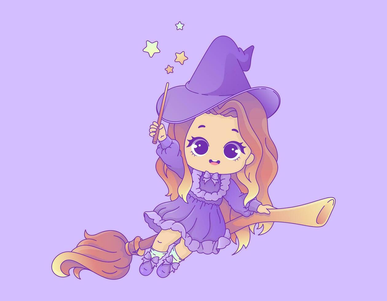 Vector Kawaii Illustration of Witch on Broomstick Delicate Pastel Colors