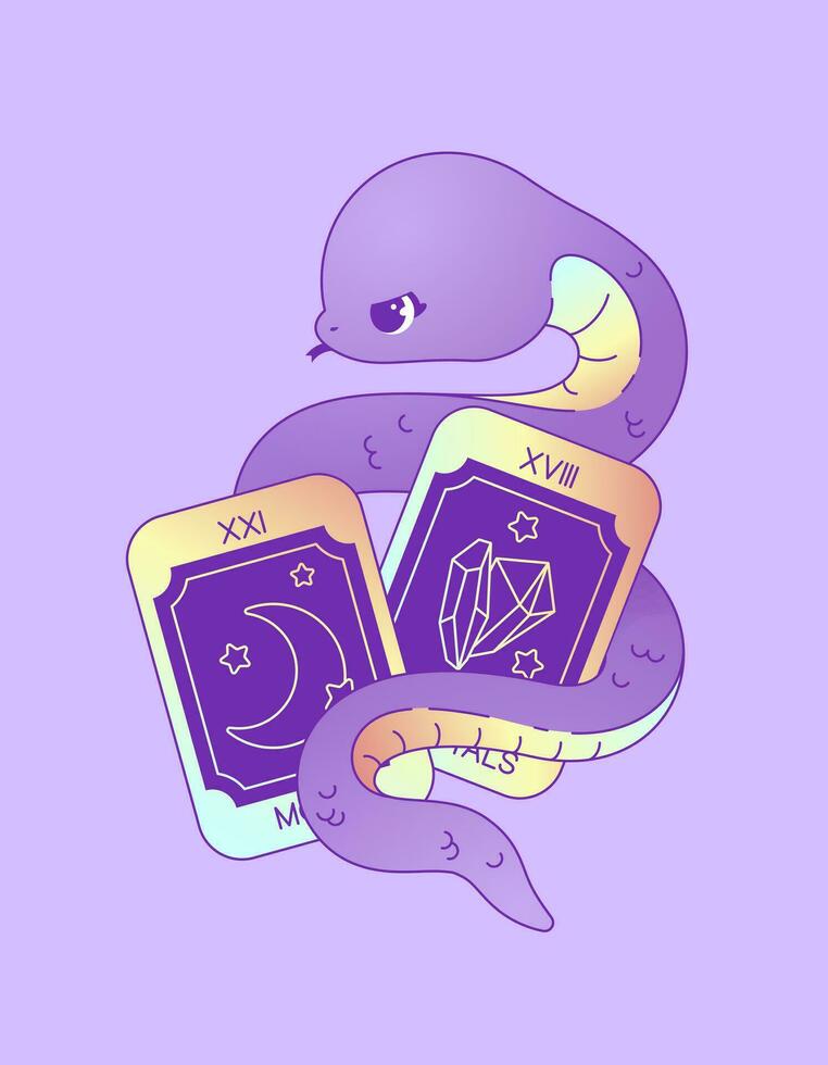 Vector Kawaii Illustration of Snake and Tarot Cards Delicate Pastel Colors