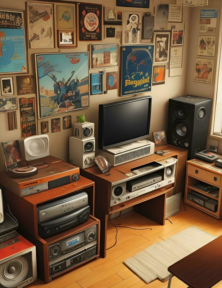 90's kids room with quite old equipment. Many collectibles and posters represent lifestyles. photo