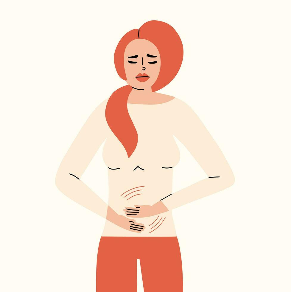 The girl suffers from pain in the lower abdomen. Symptom of premenstrual syndrome, endometriosis, inflammation. Vector illustration in hand drawn style.