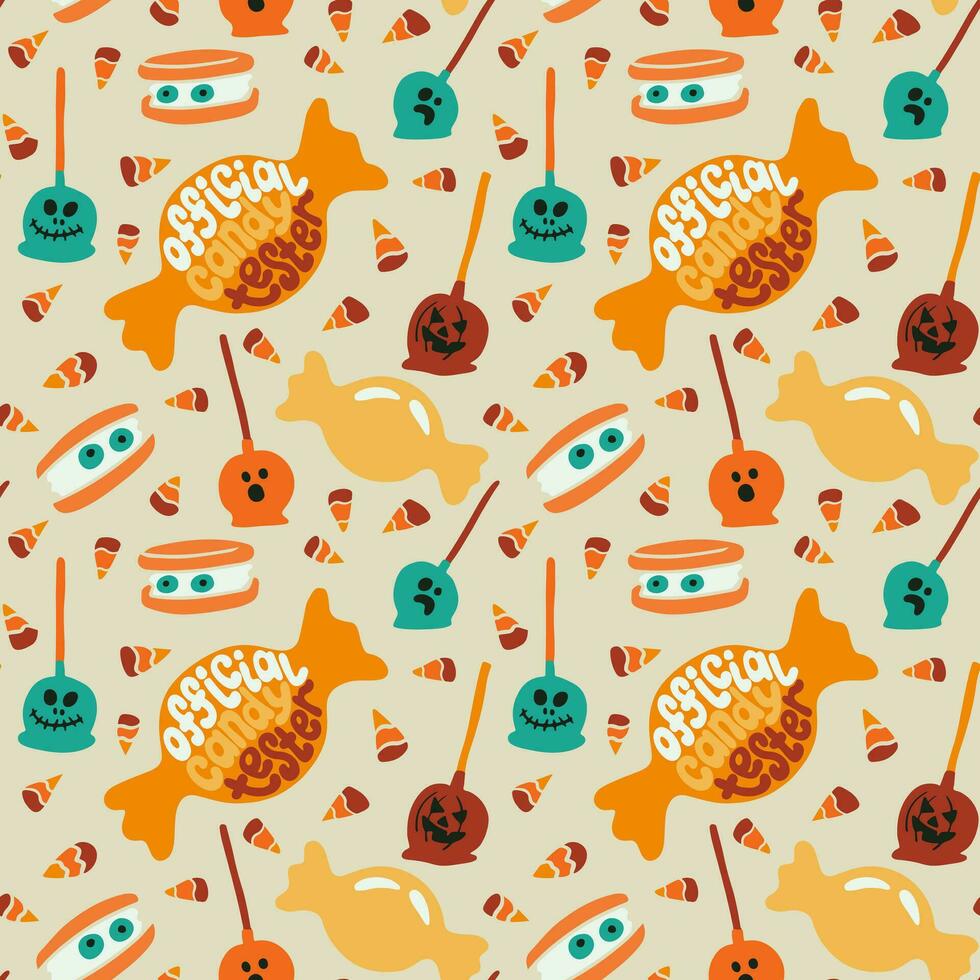 Halloween seamless pattern with scary sweets and groovy lettering. Hand drawn quote Official Candy Tester in candy shape in flat minimalistic style. Modern holiday design for Halloween decoration vector