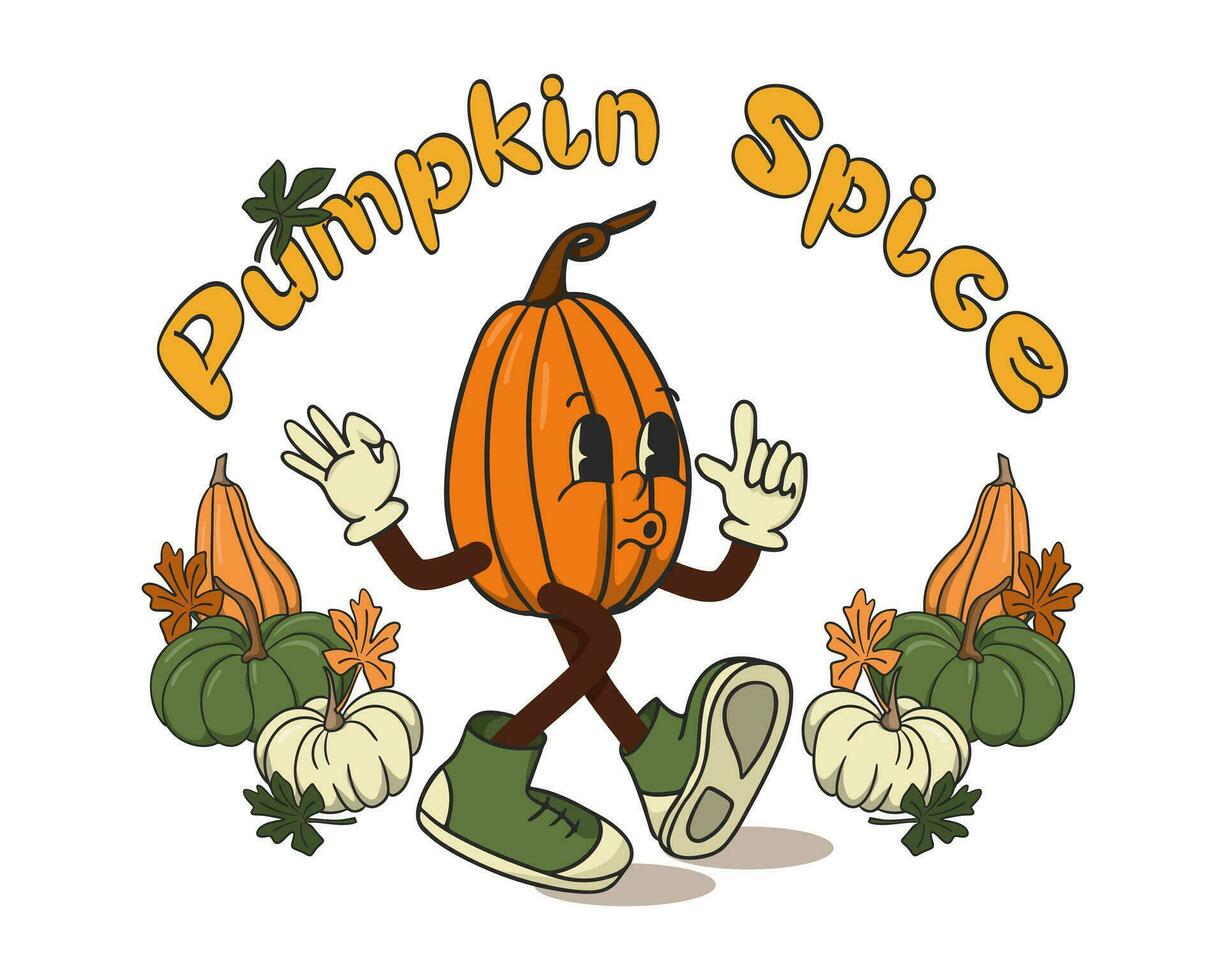 Old retro cartoon illustration with pumpkin character. Slogan Pumpkin Spice and nostalgia funny character in flat hand drawn style. Ideal for poster, card, tshirt print, printout, banner vector