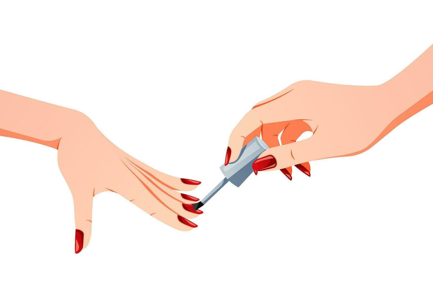 Women's hands applying red nail polish, vector image.