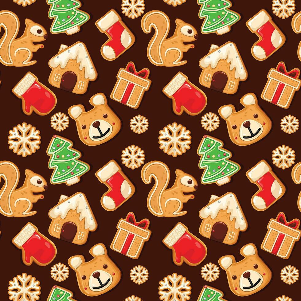 Cute gingerbread cookies seamless pattern. Perfect for wallpapers, textiles, backgrounds, wrapping paper. Template design. Holiday New Year Christmas. Vector. Sweet Christmas. Gifts for children. Box. vector