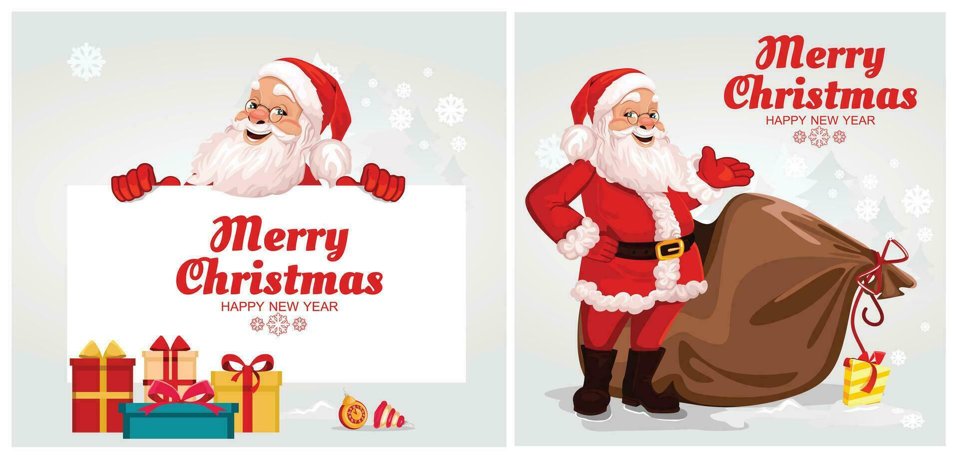 conjunto de postales alegre Papa Noel claus y Navidad árbol soportes detrás un grande bandera, letrero, publicidad bandera. con el inscripción alegre Navidad y un regalo. vector gráficos