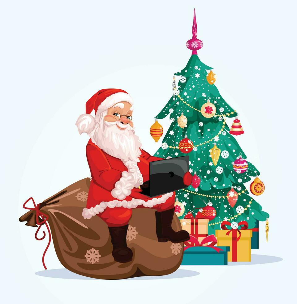 Merry Santa Claus, Christmas tree decorated with toys and tinsel. smiling cartoon character, Christmas holidays, in the background, sitting on a bag with a laptop. Vector graphics