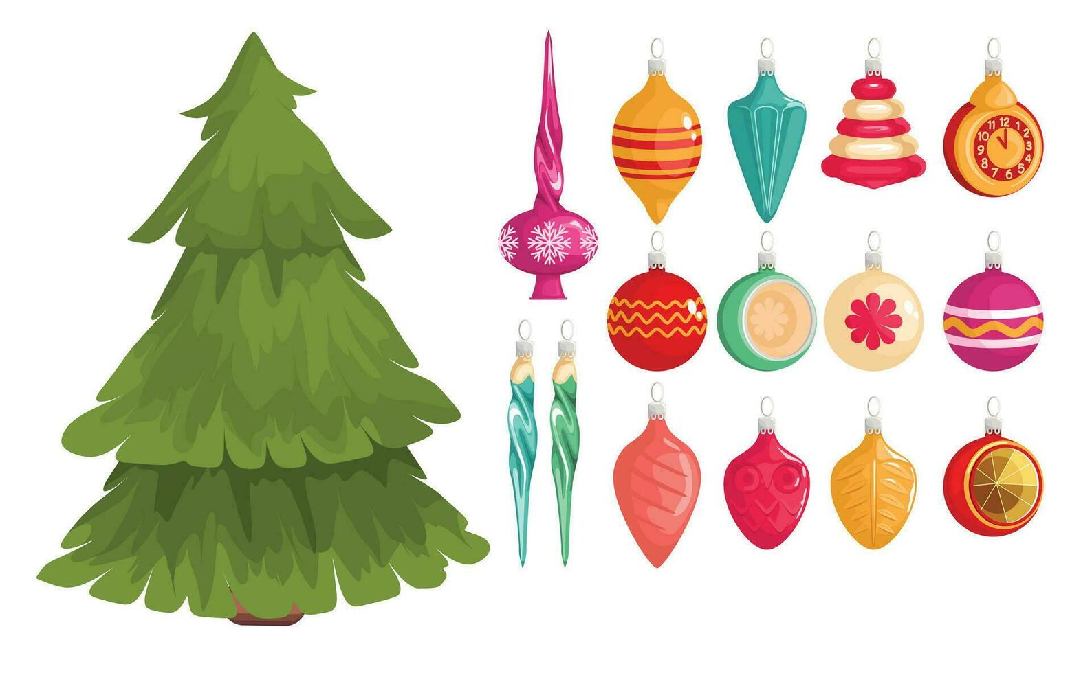 Collection of beautiful Christmas tree decorations isolated on white background vector illustration set. Balls, star, decor with icicles. Colored vector illustration in cartoon style.