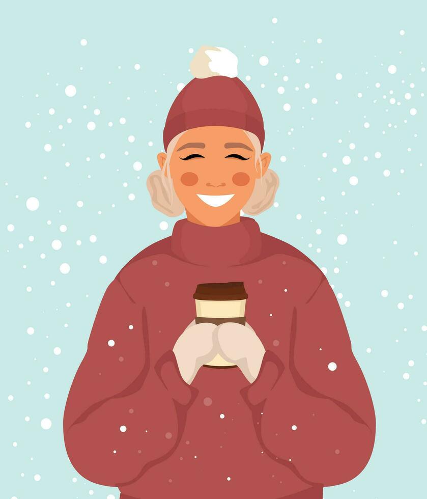 Beautiful girl holding a cup of coffee, winter and snow. Coffee house. Vector illustration in flat style