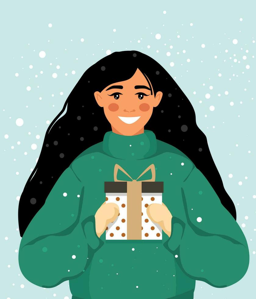 Happy  woman gives a gift. Merry Christmas and Happy New Year. Vector illustration