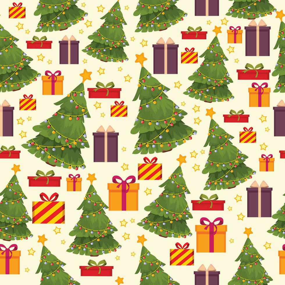 Pattern on the New Year theme. Christmas, new year. For printing paper. For a gift, banner, advertisement. With a picture of a Christmas tree and gifts. vector