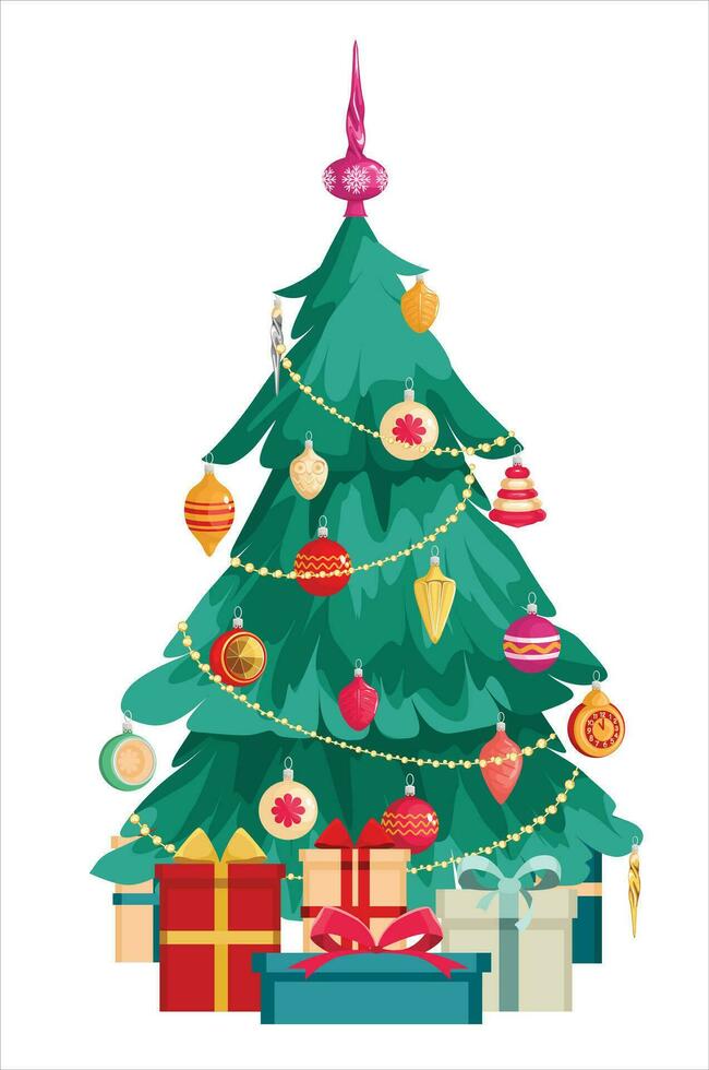 Christmas tree with decorations and gift boxes. Covered in snow. Merry Christmas and Happy New Year. Vector illustration