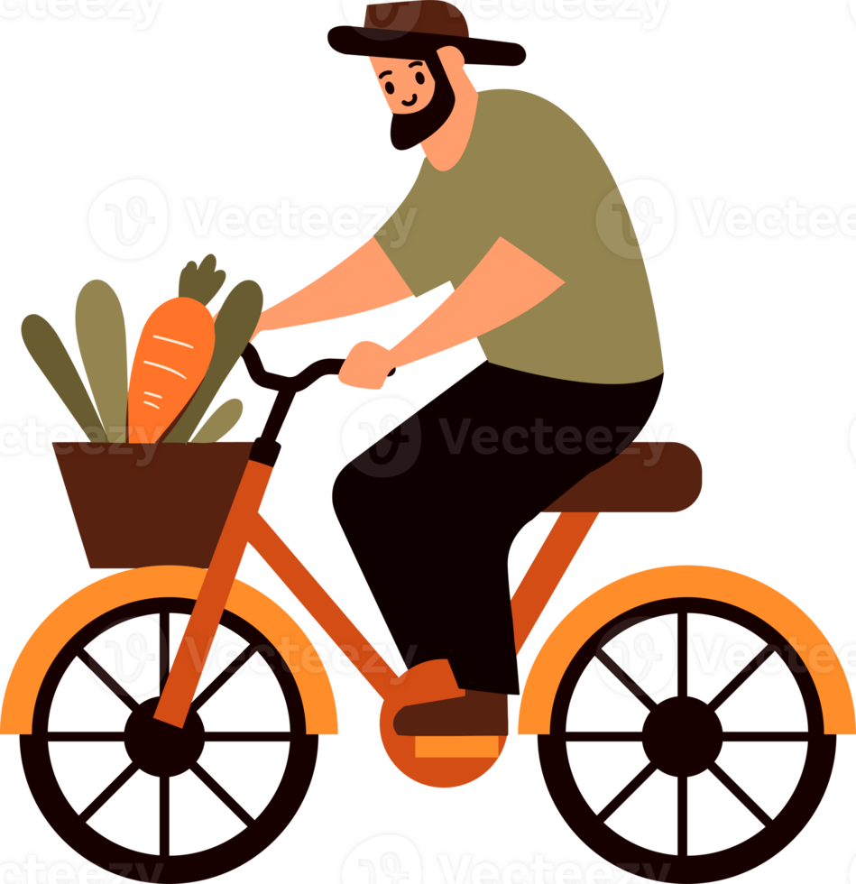 mano dibujado masculino granjero montando un bicicleta en plano estilo png