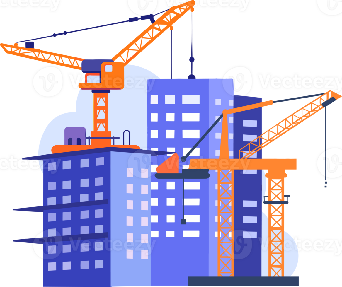 Hand Drawn Building with crane under construction in flat style png