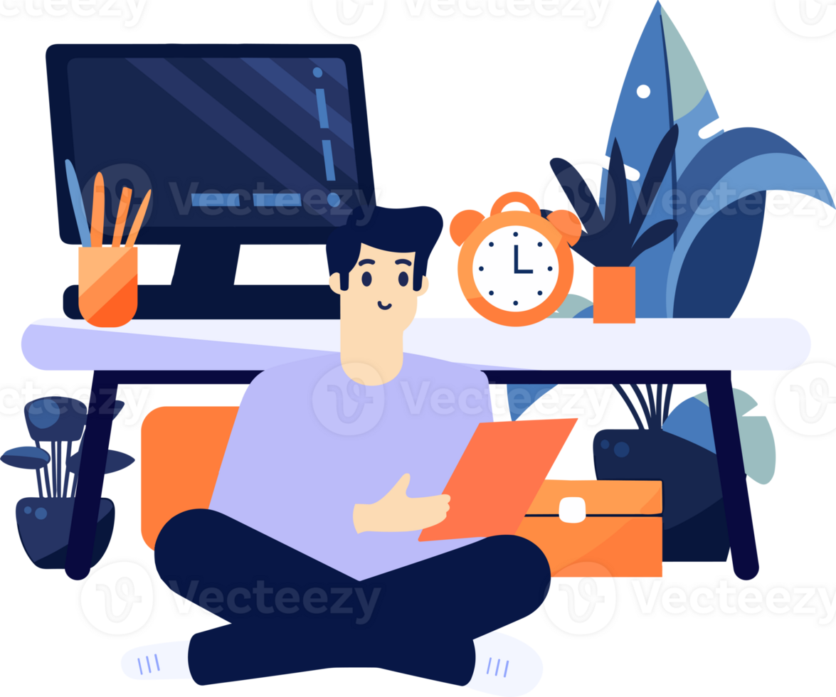 Hand Drawn A male character is sitting and reading a book in his office in flat style png