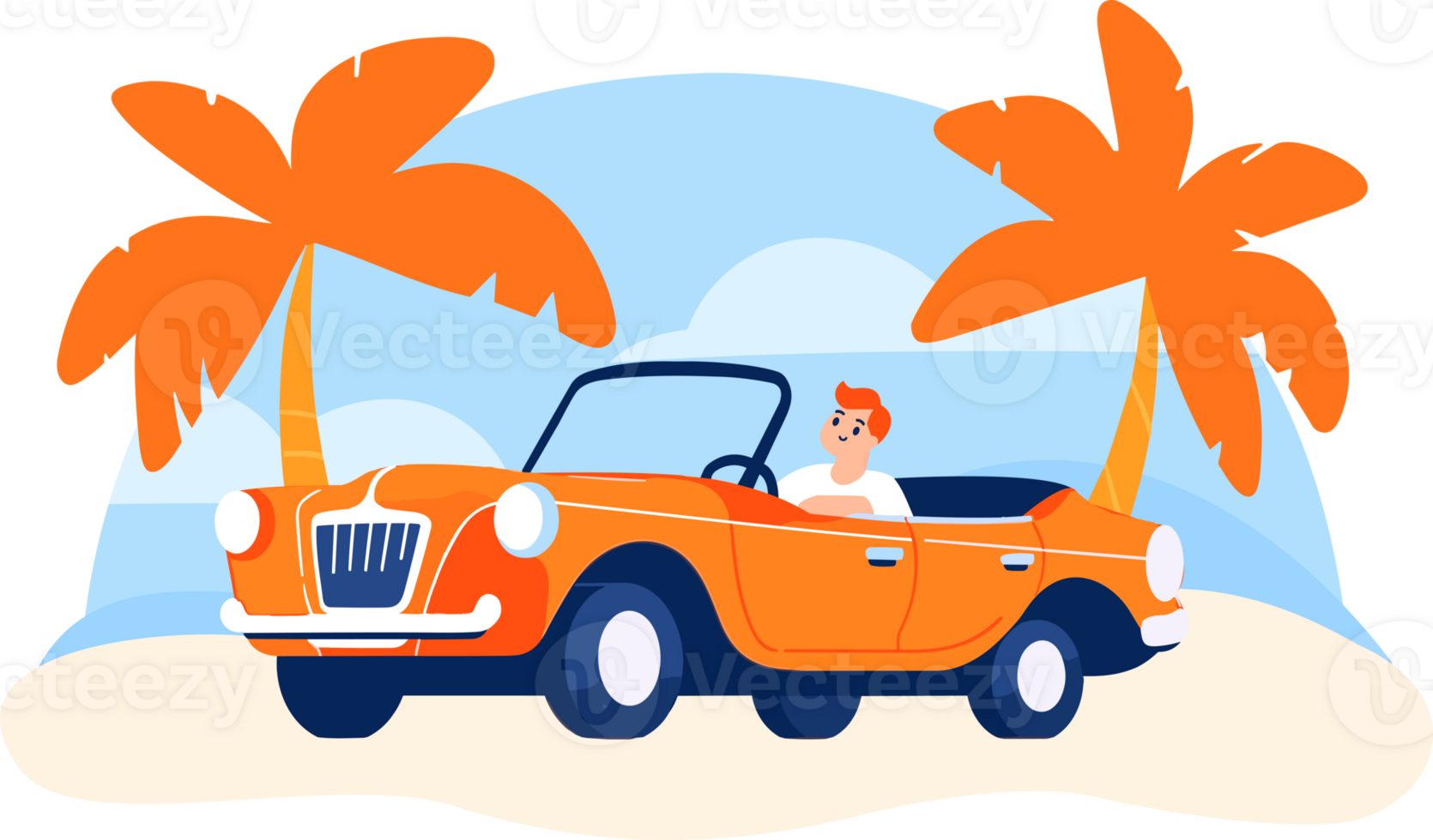 Hand Drawn Tourists drive convertibles car to the beach in flat style png