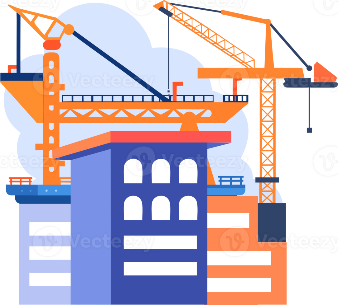 Hand Drawn Building with crane under construction in flat style png