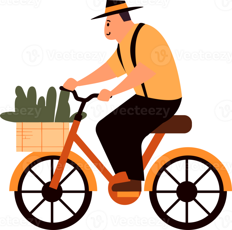 mano dibujado masculino granjero montando un bicicleta en plano estilo png