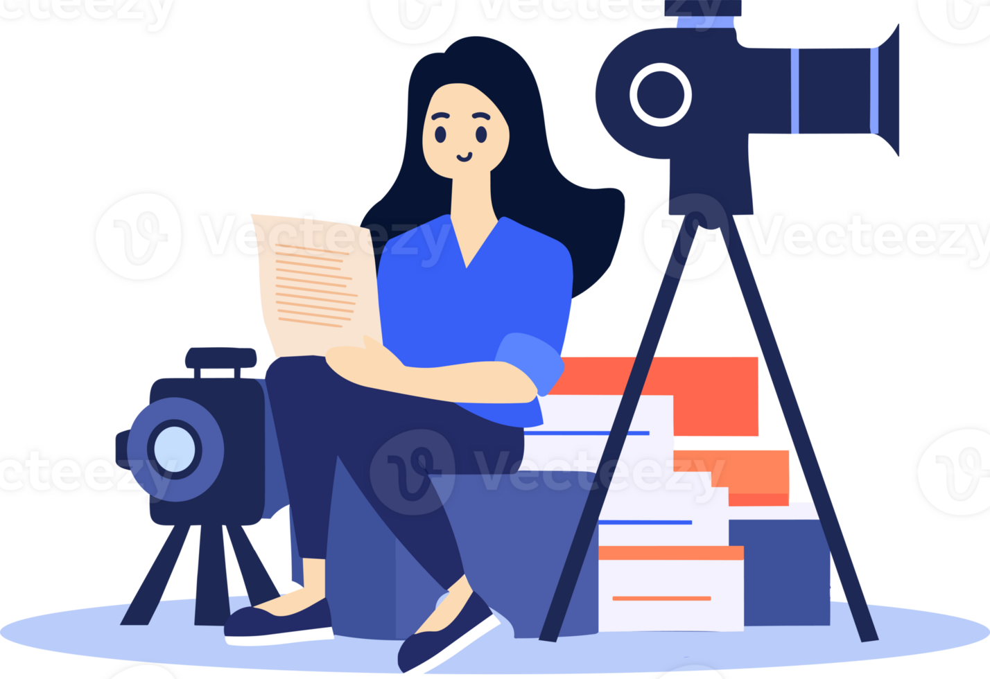 Hand Drawn female reporter character in flat style png