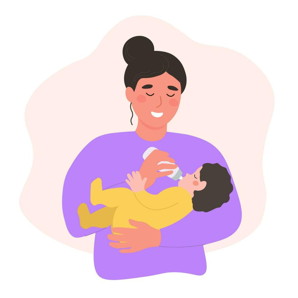 Mom feeds baby from a bottle. Happy woman holding child in her arms. Vector flat graphics.