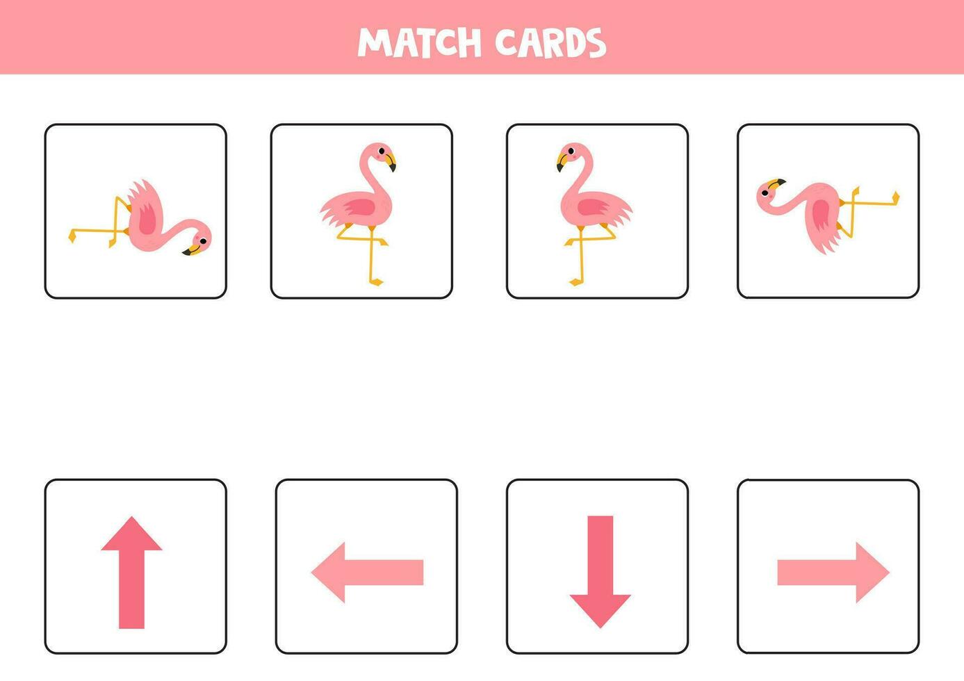 Left, right, up or down. Spatial orientation with cute pink flamingo. vector