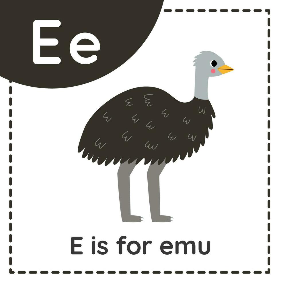 Learning English alphabet for kids. Letter E. Cute cartoon emu. vector