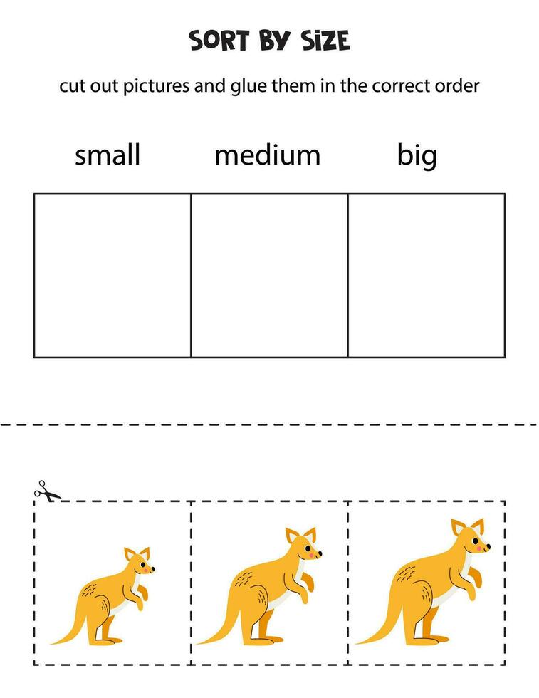 ordenar linda canguro por tamaño. educativo hoja de cálculo para niños. vector