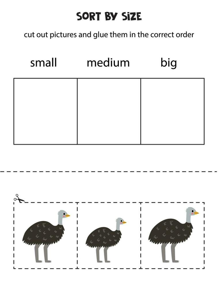 ordenar linda emú avestruz por tamaño. educativo hoja de cálculo para niños. vector