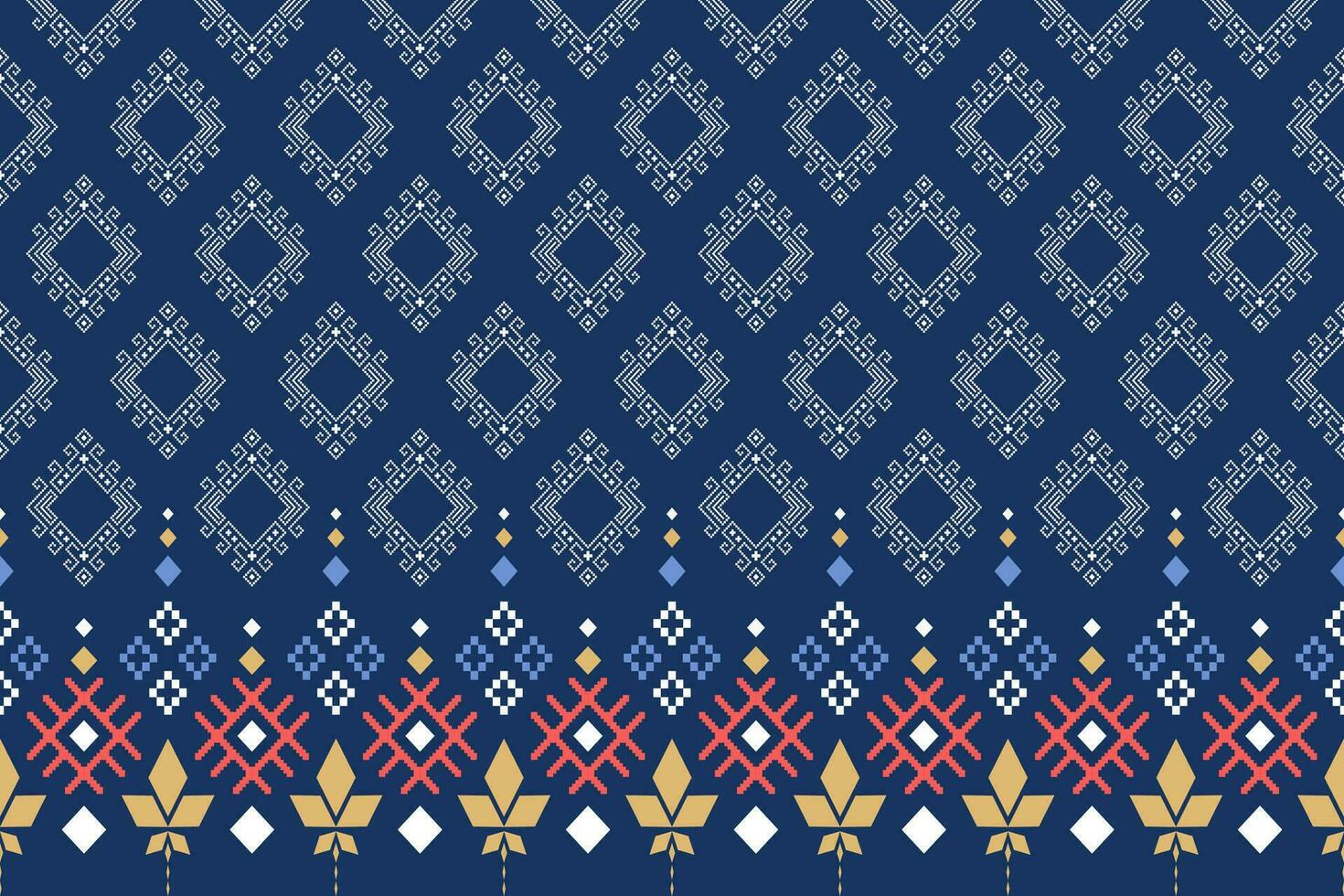 Indigo navy blue geometric traditional ethnic pattern Ikat seamless pattern border abstract design for fabric print cloth dress carpet curtains and sarong Aztec African Indian Indonesian vector