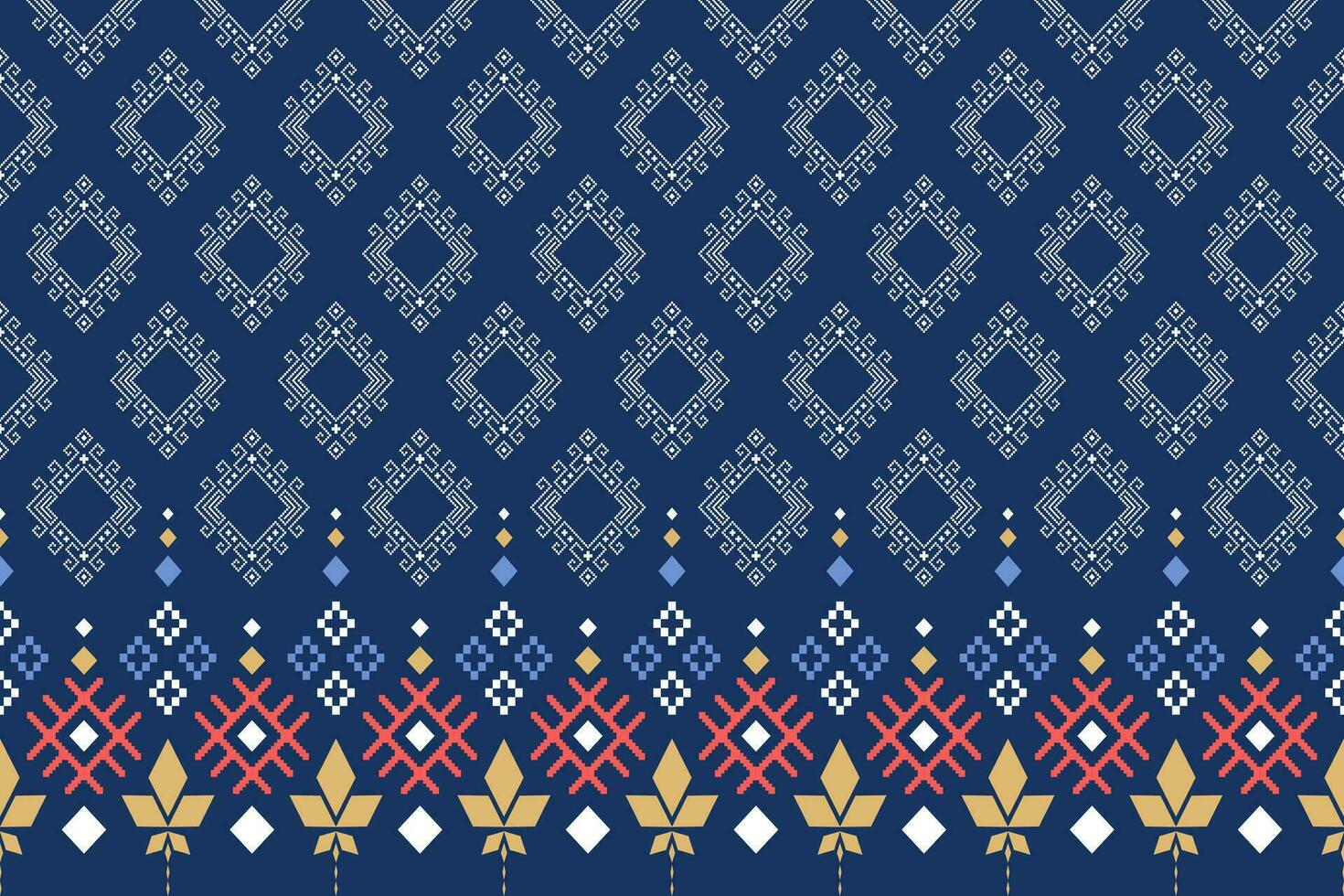 Indigo navy blue geometric traditional ethnic pattern Ikat seamless pattern border abstract design for fabric print cloth dress carpet curtains and sarong Aztec African Indian Indonesian vector