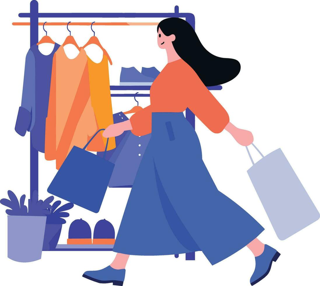 Hand Drawn A woman with shopping bags walks past a storefront in flat style vector