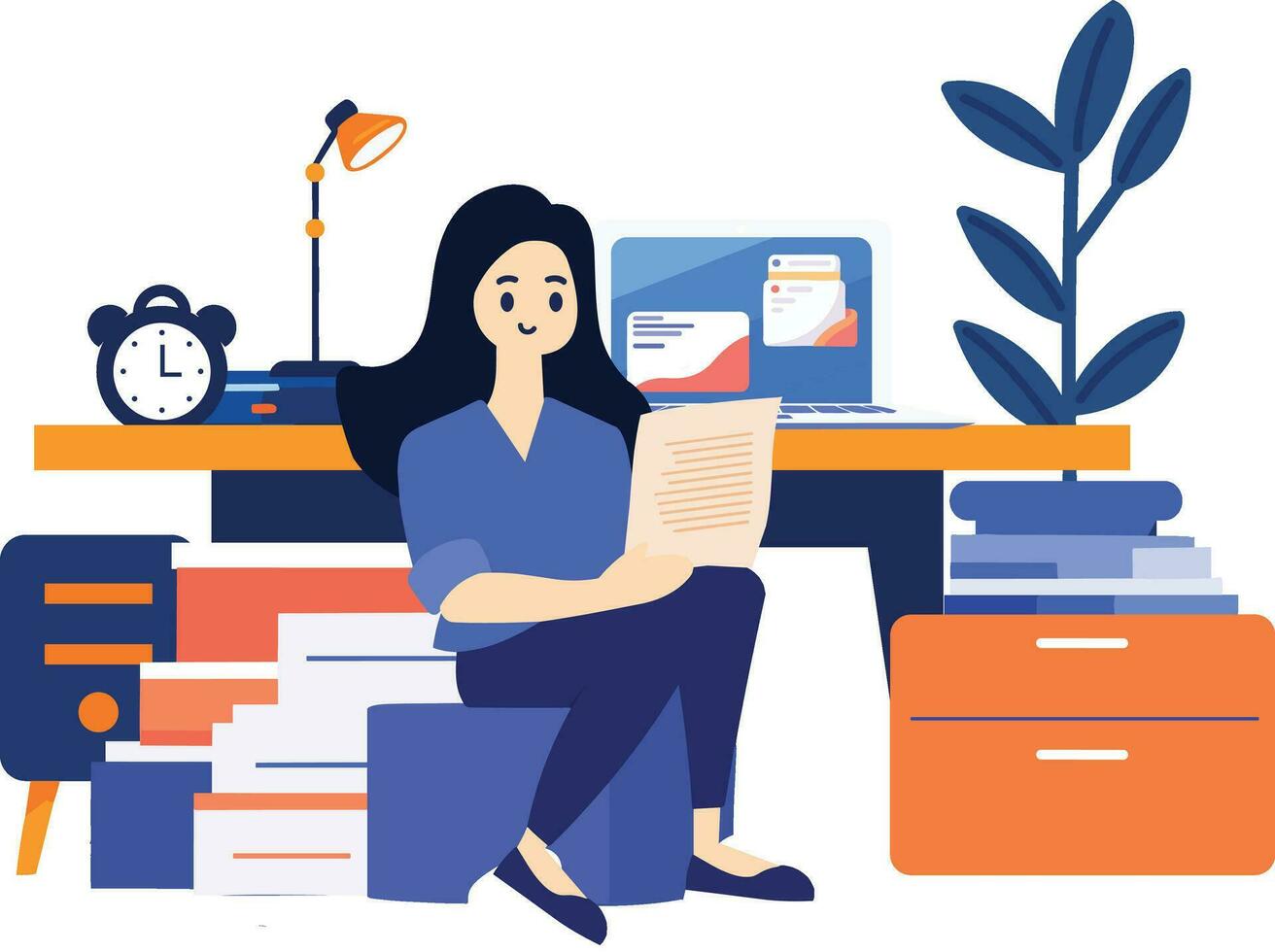 Hand Drawn A female character is sitting and reading a book in her office in flat style vector