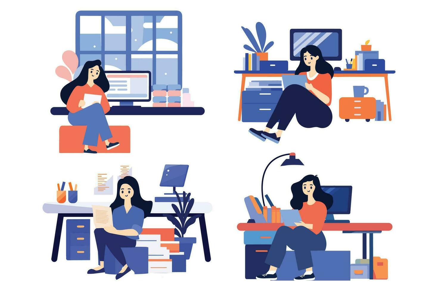 Hand Drawn A female character is sitting and reading a book in her office in flat style vector