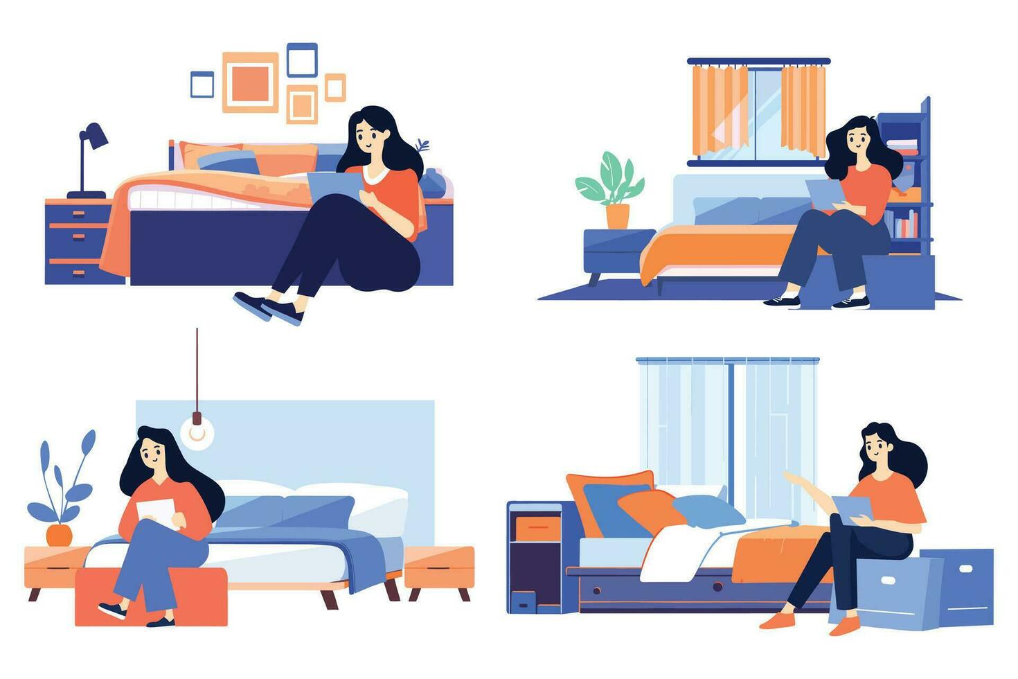 Hand Drawn A female character is reading a book in the bedroom in flat style vector