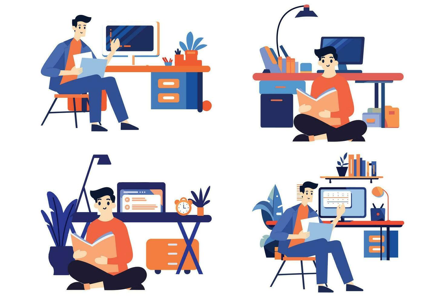 Hand Drawn A male character is sitting and reading a book in his office in flat style vector