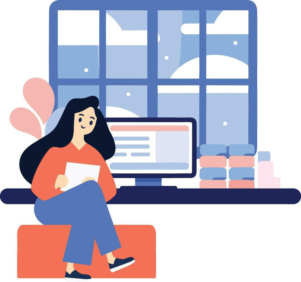 Hand Drawn A female character is sitting and reading a book in her office in flat style vector