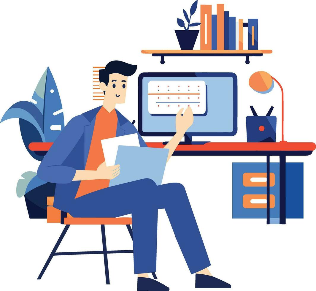 Hand Drawn A male character is sitting and reading a book in his office in flat style vector