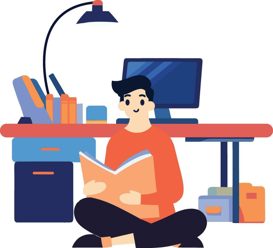 Hand Drawn A male character is sitting and reading a book in his office in flat style vector