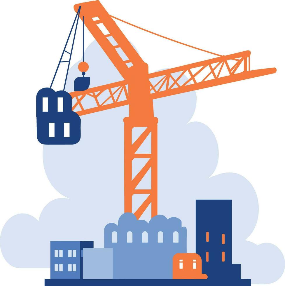 Hand Drawn Building with crane under construction in flat style vector