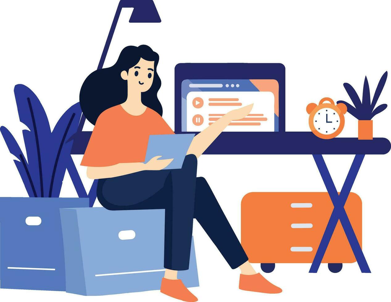 Hand Drawn A female character is sitting and reading a book in her office in flat style vector