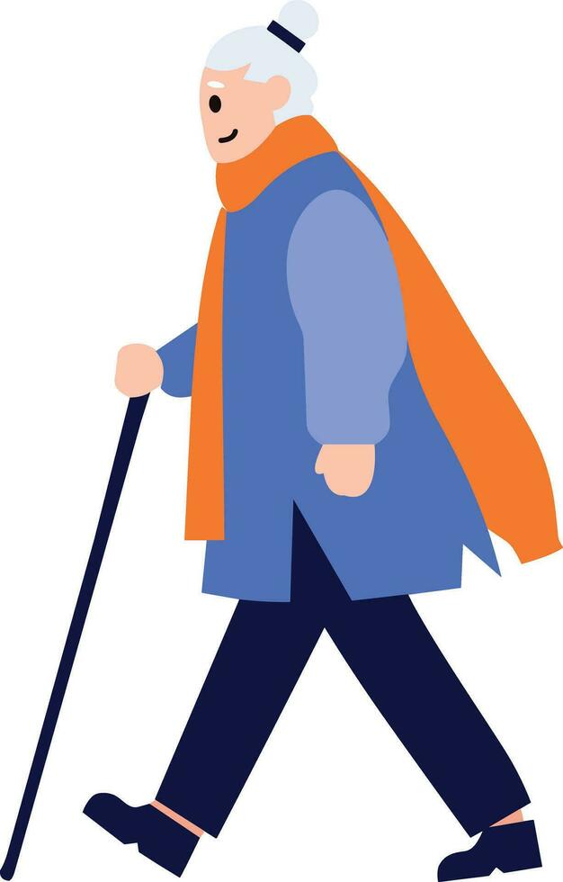 Hand Drawn Elderly characters walk with canes in flat style vector